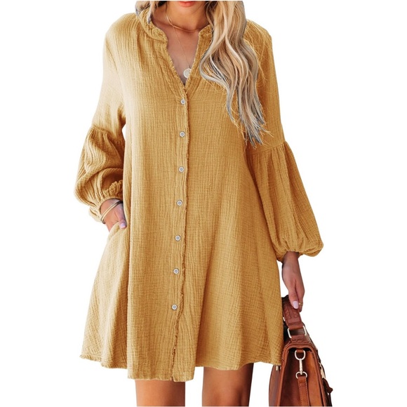 Cotton Casual Button Down Raw Hem Tunic Dress in Yellow - Picture 2 of 3